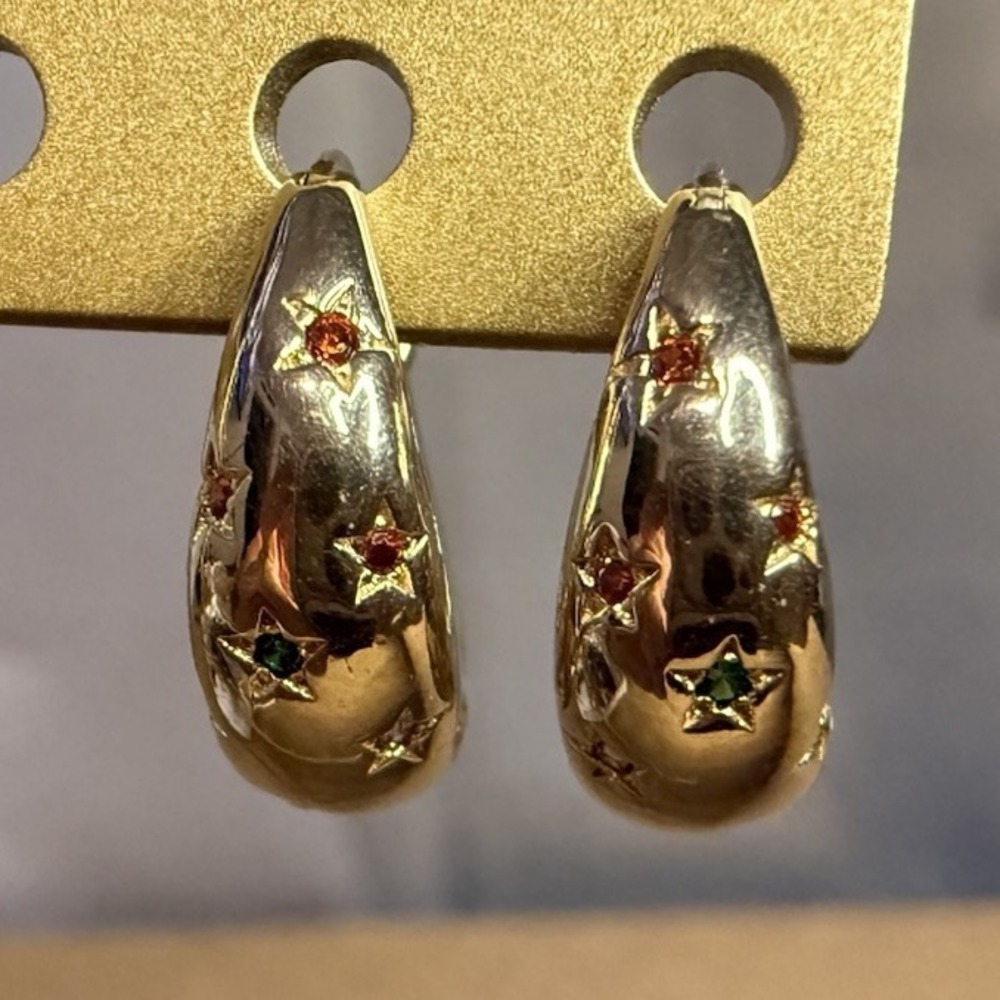 925 Silver Earrings Gold Tone Hoops With Multicolored Gem Chips Stars